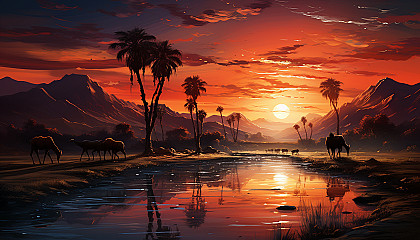 Desert oasis at sunset, with palm trees, a tranquil pond, camels resting, and the silhouettes of distant dunes against a fiery sky.
