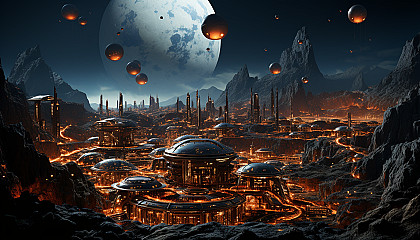 Futuristic Martian colony, with domed habitats, rovers traversing the red landscape, and Earth visible in the sky.