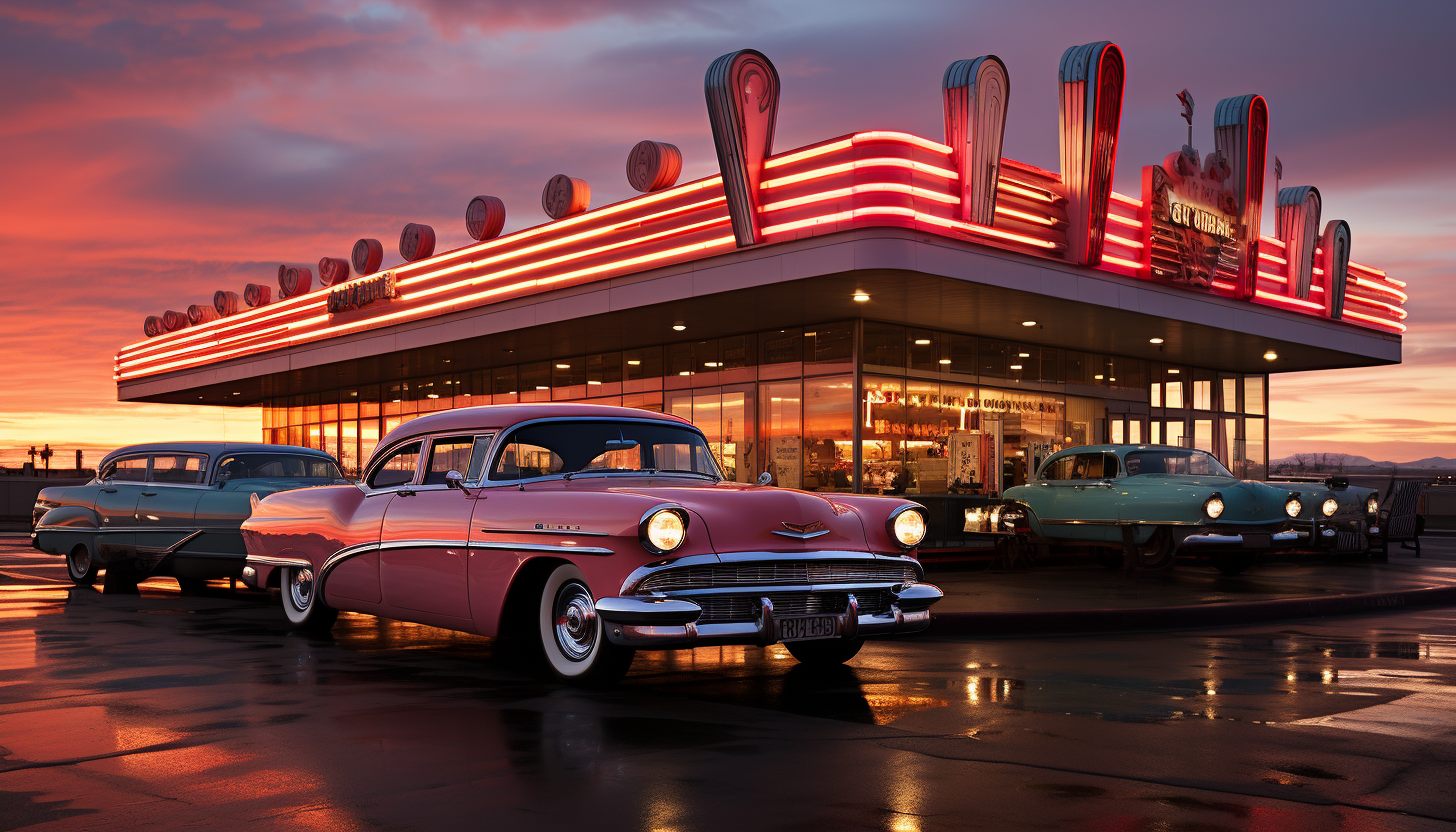 Classic American diner at dawn, with vintage cars parked outside, neon signage, checkerboard flooring, and patrons enjoying breakfast.