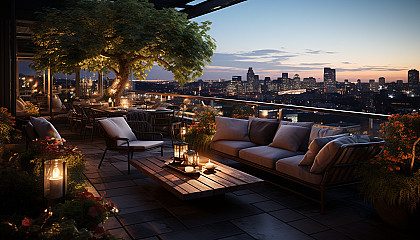 Rooftop garden in a modern city, with a variety of plants, city skyline view, comfortable seating areas, and soft ambient lighting.