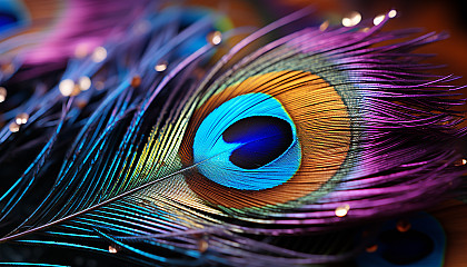 A close-up of a peacock feather displaying its colorful, iridescent patterns.
