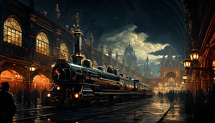 Victorian-era train station, with steam locomotives, elegantly dressed passengers, clock tower, and vintage luggage.