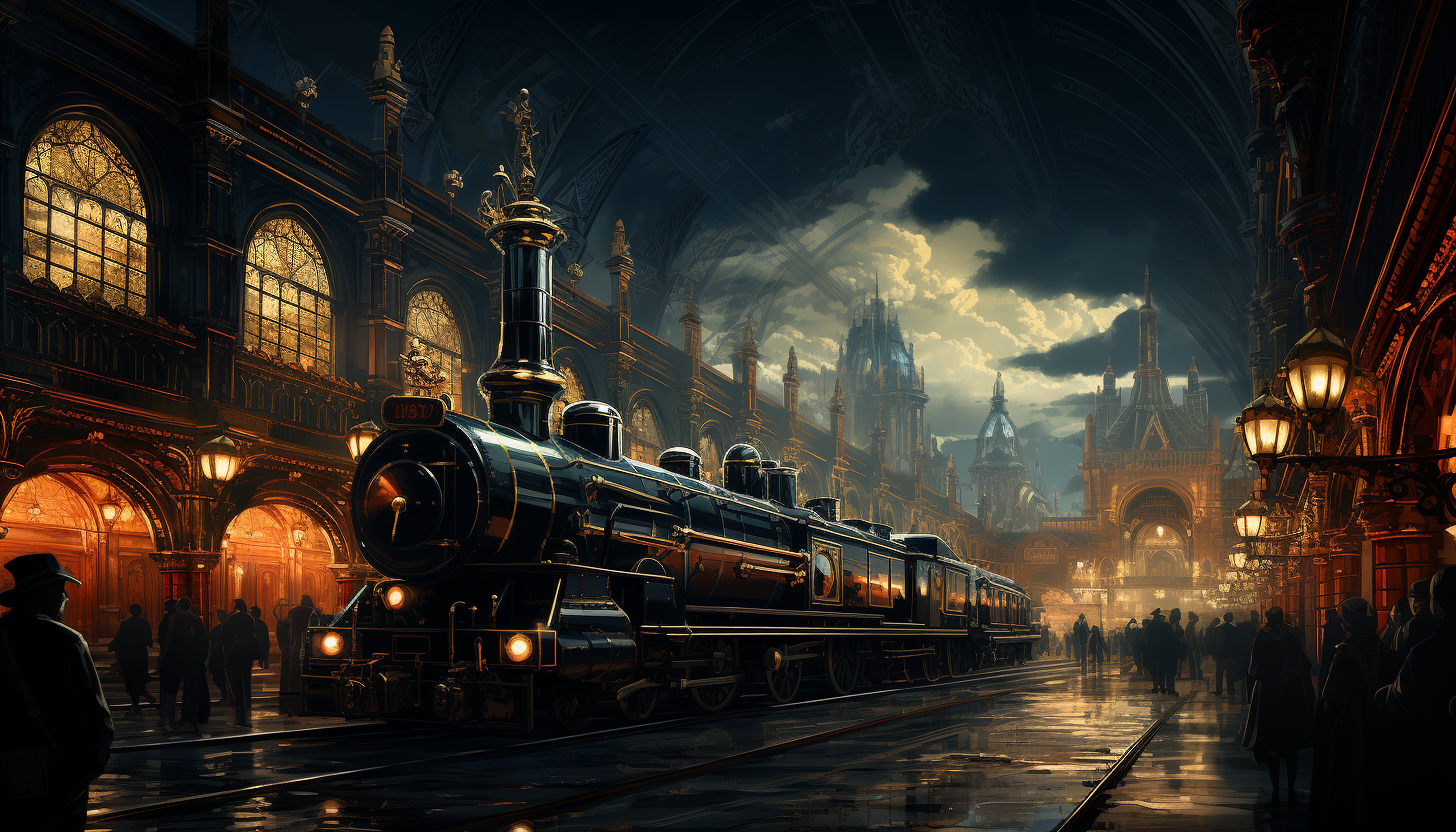 Victorian-era train station, with steam locomotives, elegantly dressed passengers, clock tower, and vintage luggage.