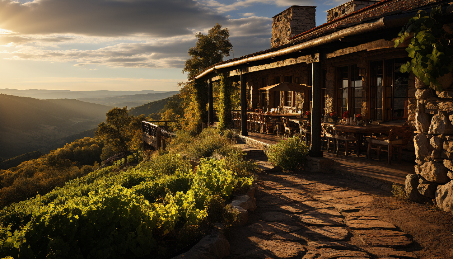 Lush vineyard at golden hour, with rows of grapevines, a rustic tasting room, and rolling hills in the background.