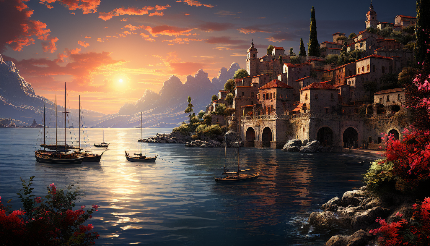 Mediterranean coastal village at sunset, with white-washed houses, blue-domed churches, flowering bougainvillea, and fishing boats in the harbor.