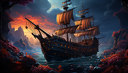 Sunken pirate ship in a coral reef, surrounded by marine life, treasure chests, and mysterious underwater flora.