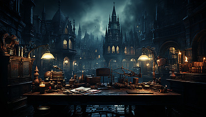 Victorian era detective's office, with a cluttered desk, dim gaslight, a shelf of curiosities, and a foggy street visible through a rain-streaked window.