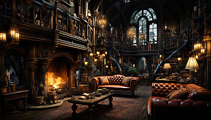 Grand library in a medieval castle, towering bookshelves, ancient tomes, stained glass windows, and a large fireplace with a crackling fire.