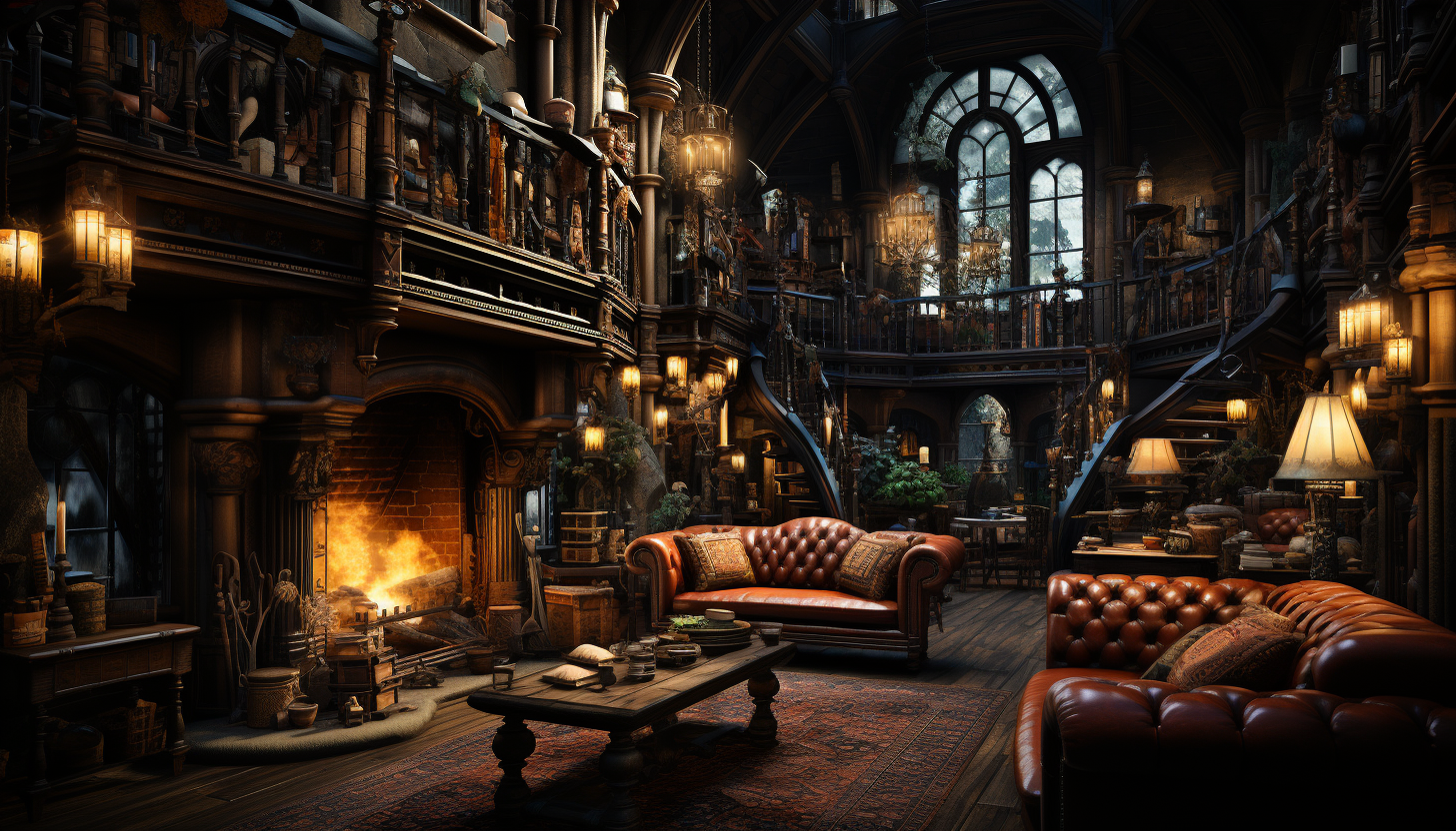 Grand library in a medieval castle, towering bookshelves, ancient tomes, stained glass windows, and a large fireplace with a crackling fire.