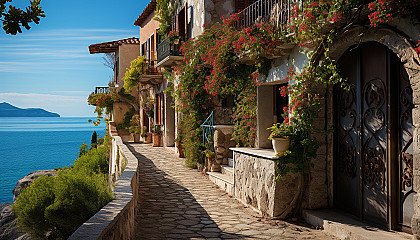 Mediterranean coastal village at sunset, whitewashed houses, terracotta roofs, azure sea, and winding streets with flowering vines.