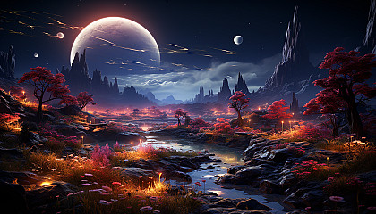 Mysterious alien landscape with bizarre plants, floating rocks, a glowing river, and a distant spacecraft.