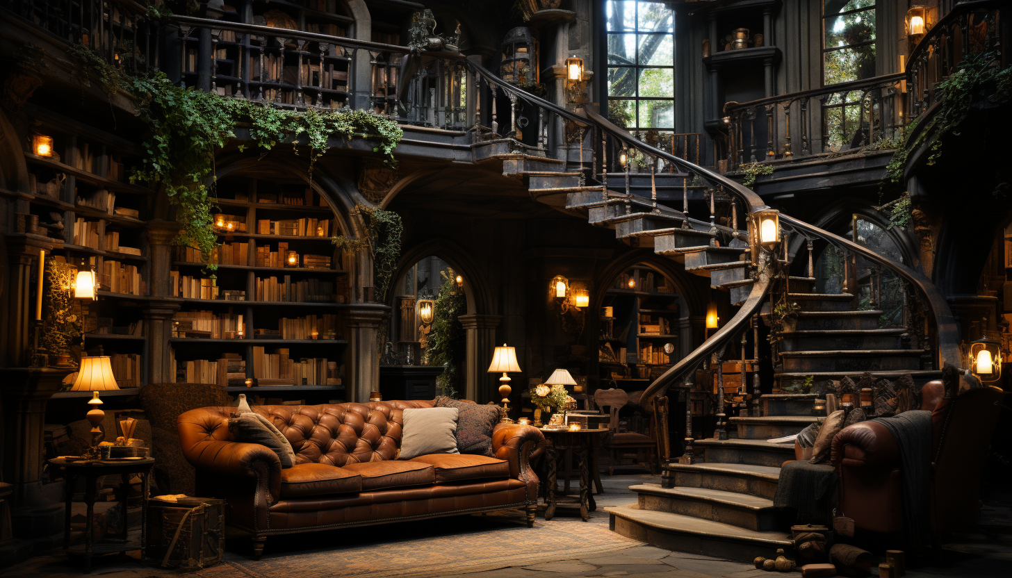 Ancient library with towering bookshelves, hidden alcoves, and a grand spiral staircase, lit by candlelight and filled with ancient tomes.