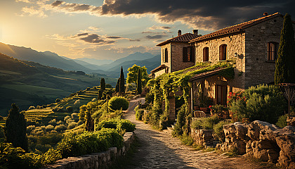 Lush vineyard in Tuscany at golden hour, rolling hills, rows of grapevines, a rustic stone farmhouse, and a distant mountain range.