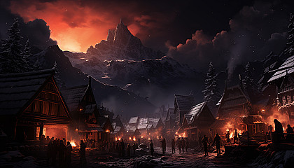 A traditional Scandinavian village in winter, snow-covered cottages, northern lights in the sky, and villagers gathered around a bonfire.