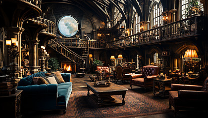 Grand library in a medieval castle, walls lined with ancient books, a large globe, a roaring fireplace, and stained glass windows.