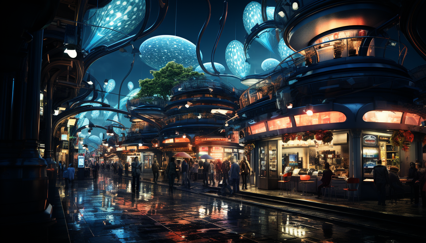 Futuristic cyberpunk alley, with neon signs in various languages, bustling street vendors, high-tech gadgets, and towering skyscrapers.