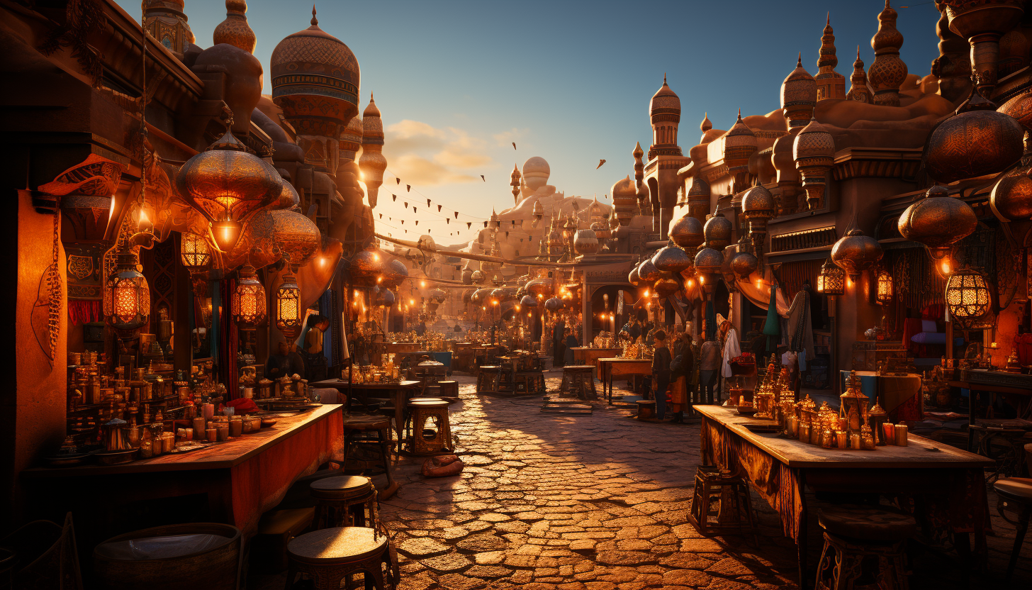 Traditional Moroccan bazaar, with spice towers, colorful textiles, ornate lanterns, and bustling crowds.