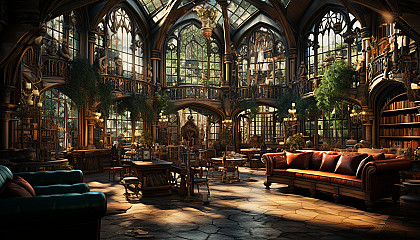 Ancient library with towering bookshelves, hidden alcoves, a grand central atrium, and soft light filtering through stained glass windows.