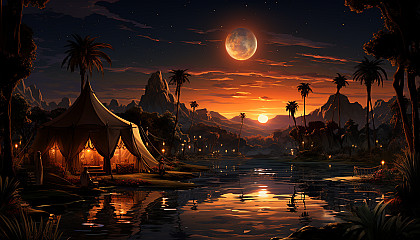 Desert oasis at night, with a star-filled sky, a tranquil pond, palm trees, and a Bedouin tent with a campfire.