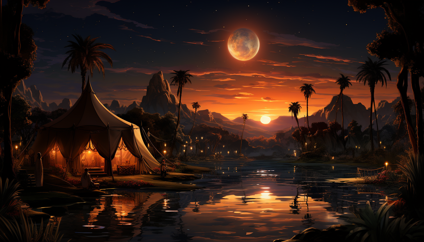 Desert oasis at night, with a star-filled sky, a tranquil pond, palm trees, and a Bedouin tent with a campfire.