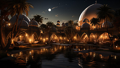 A desert oasis at night, with a star-filled sky, Bedouin tents, camels resting, and a tranquil, palm-lined pond.