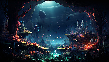 Deep sea exploration scene, submarine near a coral reef, bioluminescent creatures, and a mysterious underwater cave.