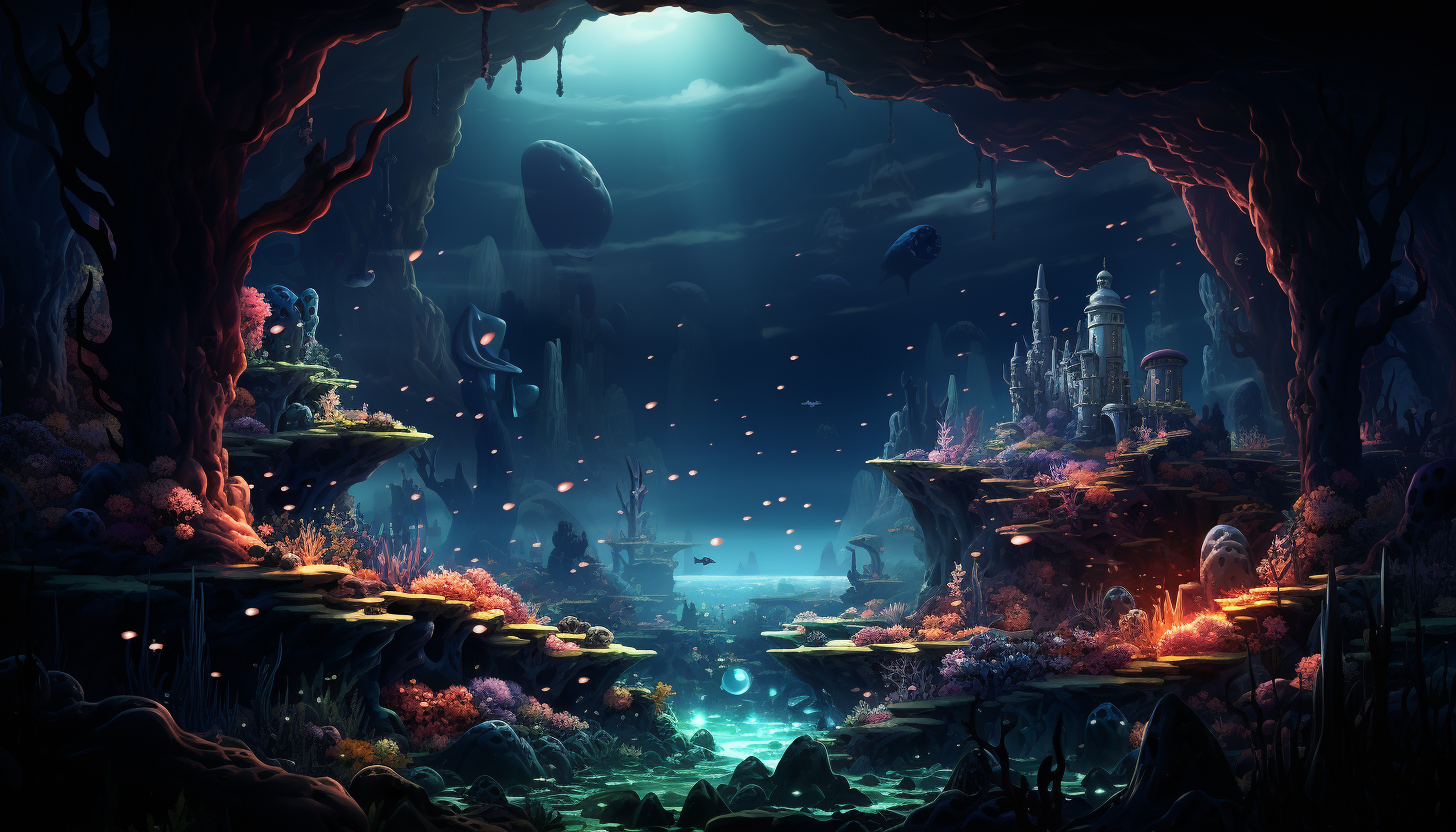 Deep sea exploration scene, submarine near a coral reef, bioluminescent creatures, and a mysterious underwater cave.