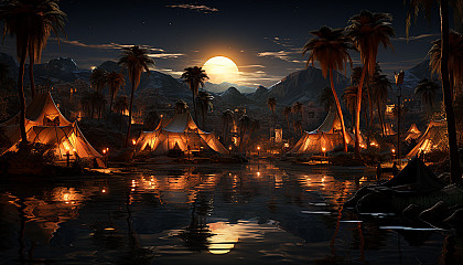 Desert oasis at night, featuring a star-filled sky, a tranquil pond, nomadic tents, and camels resting nearby.