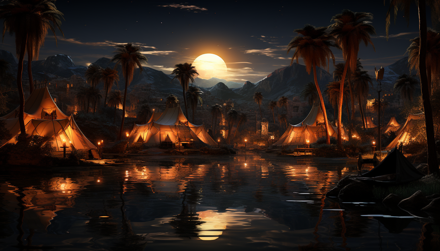 Desert oasis at night, featuring a star-filled sky, a tranquil pond, nomadic tents, and camels resting nearby.