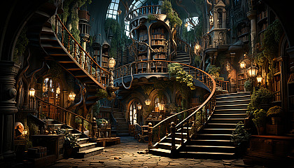 Magical library with towering bookshelves, floating books, enchanted artifacts, and a grand spiral staircase.