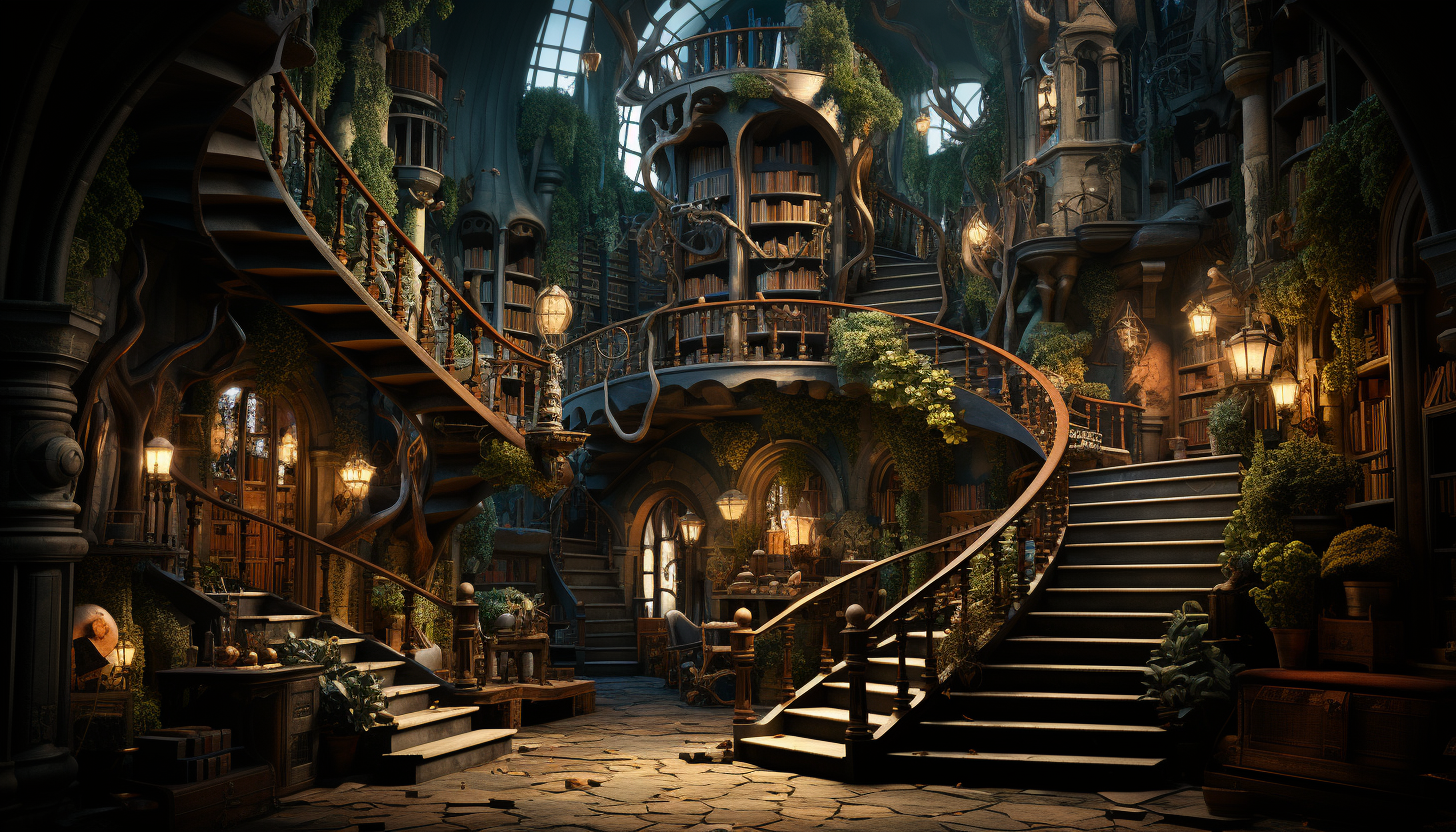 Magical library with towering bookshelves, floating books, enchanted artifacts, and a grand spiral staircase.