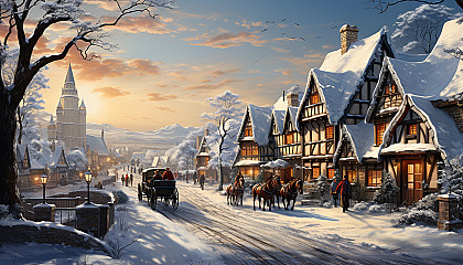Winter wonderland with a snow-covered village, children building a snowman, horse-drawn sleighs, and twinkling lights on every house.