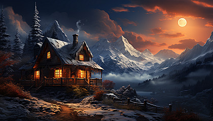 Cozy mountain cabin in winter, surrounded by snow-covered pine trees, with smoke from the chimney and a clear night sky.