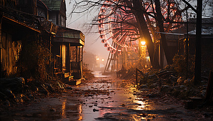 Abandoned amusement park at dusk, with a rusting Ferris wheel, overgrown paths, eerie, colorful lights, and a sense of mysterious past stories.