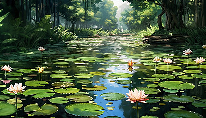 A serene pond filled with blooming water lilies.