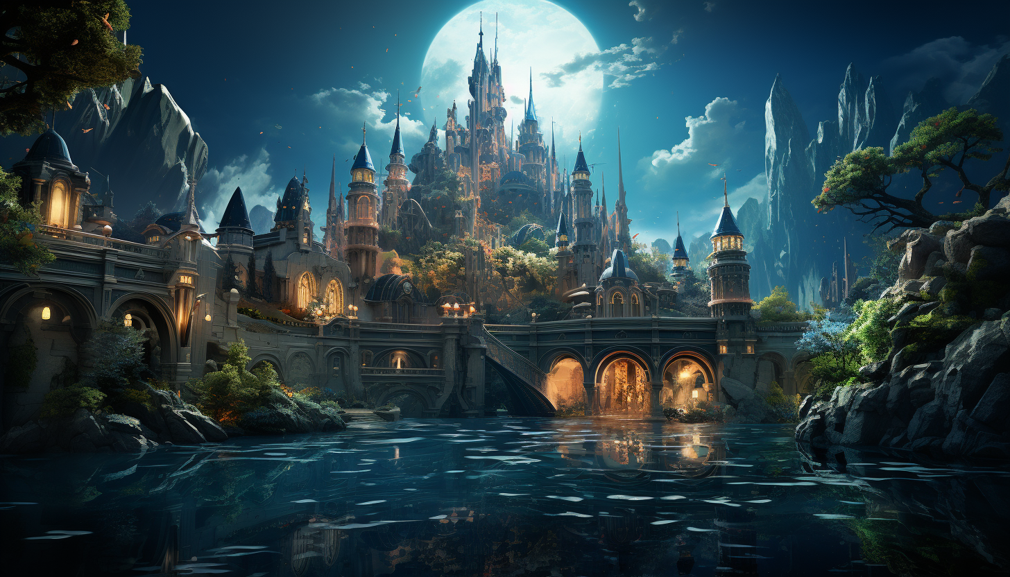 Underwater Atlantis-like city with grand crystal domes, merfolk, colorful coral structures, and schools of luminous fish swimming amongst ancient ruins.