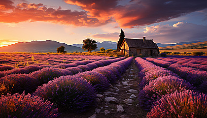 Lavender fields in Provence at golden hour, with rows of purple flowers, a quaint farmhouse, and distant mountains.