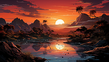 Desert oasis at sunset, with palm trees, a tranquil pond, camels resting, and the silhouettes of distant dunes against a fiery sky.