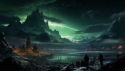 A mystical Viking village during the Northern Lights, with longboats, timber houses, and warriors gathered around a roaring bonfire.