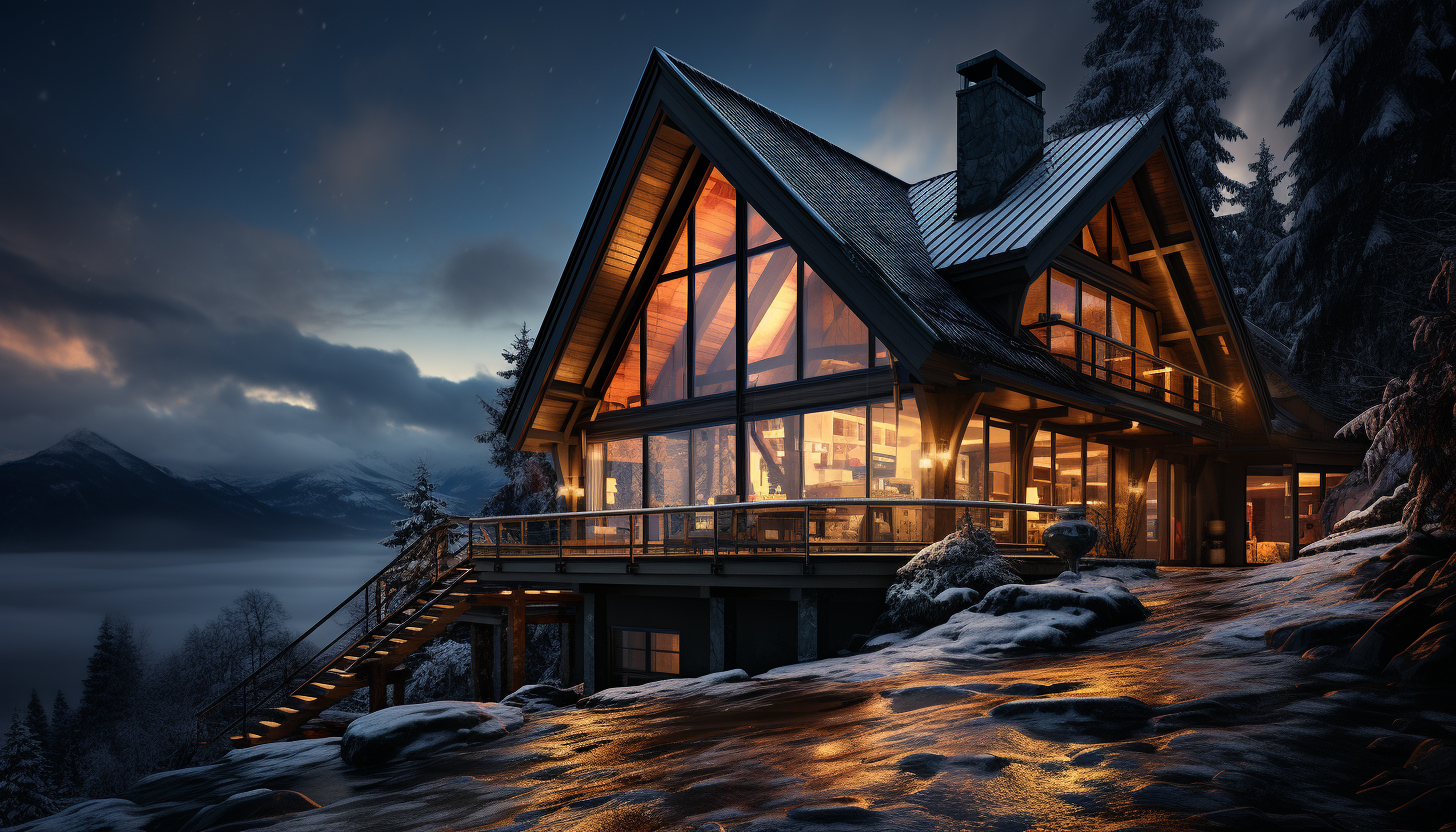 Cozy mountain cabin at night, snow-covered, with warm light from windows, a pine forest backdrop, and the Northern Lights.