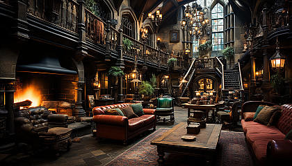 Grand library in a medieval castle, walls lined with ancient books, a large globe, a roaring fireplace, and stained glass windows.