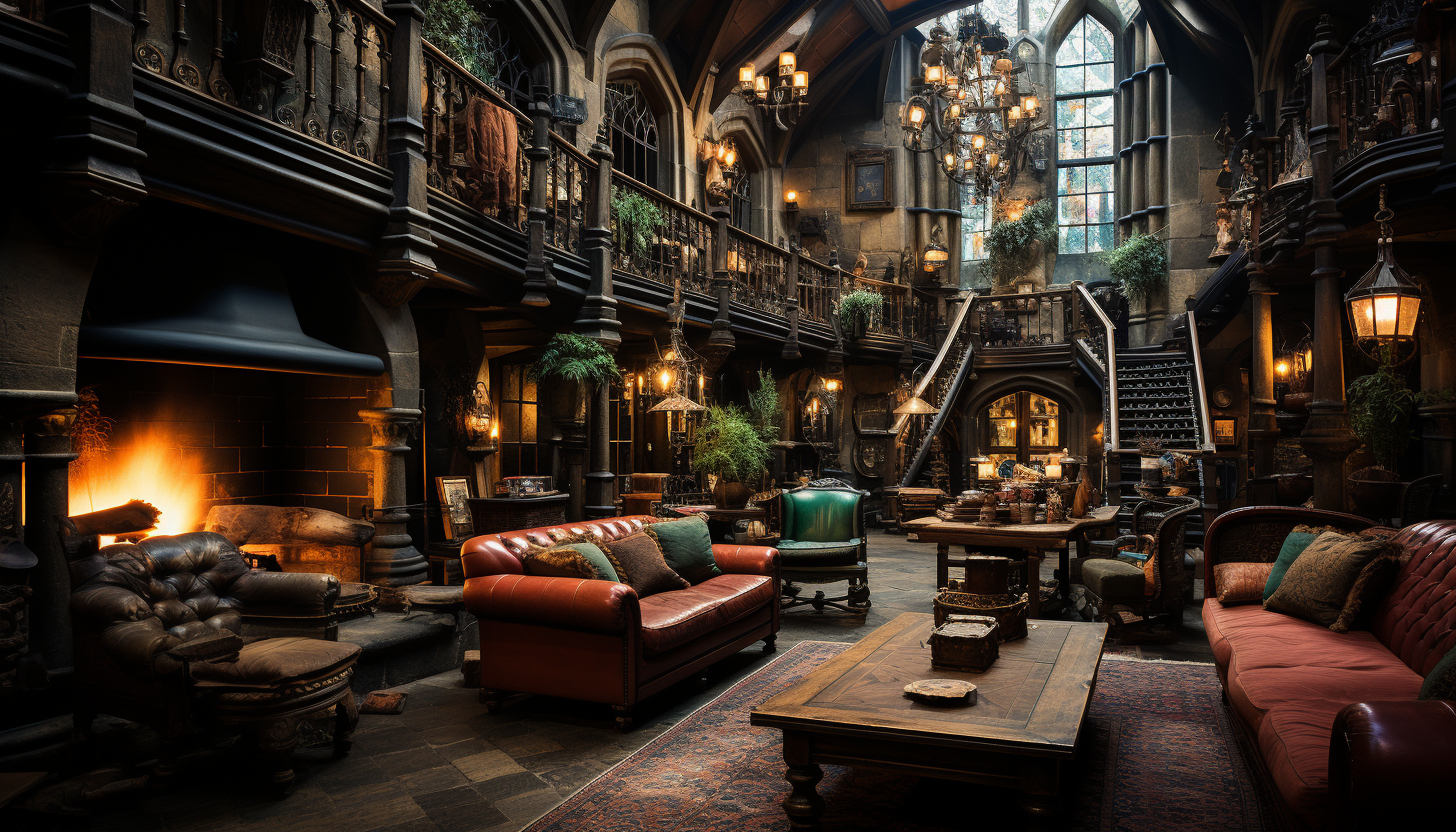 Grand library in a medieval castle, walls lined with ancient books, a large globe, a roaring fireplace, and stained glass windows.