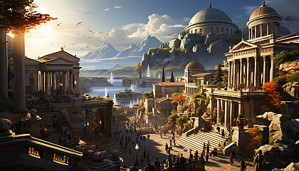 Ancient Greek agora at sunrise, classical architecture, philosophers debating, market stalls, and distant mountains.