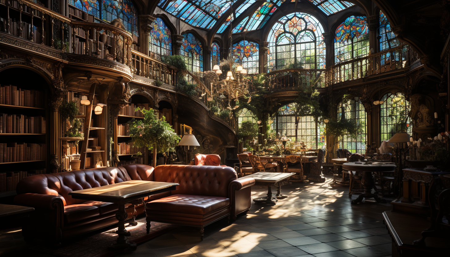 Ancient library with towering bookshelves, hidden alcoves, a grand central atrium, and soft light filtering through stained glass windows.