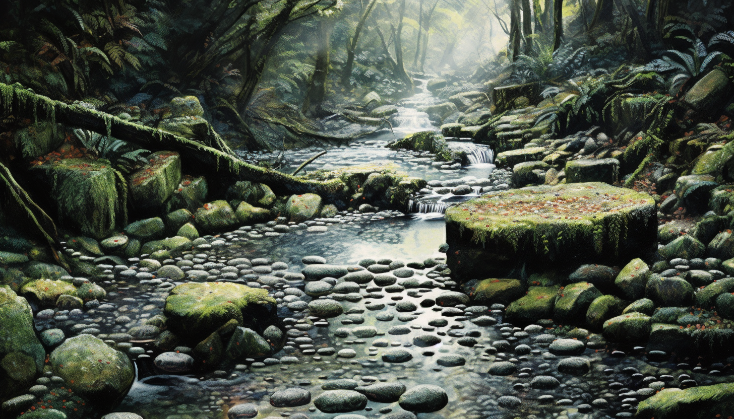 A meandering brook cascading over pebbles in a forest.