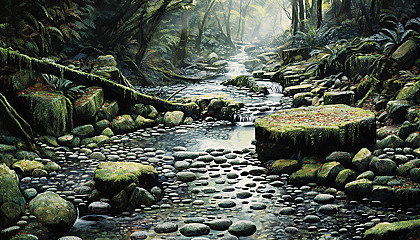 A meandering brook cascading over pebbles in a forest.