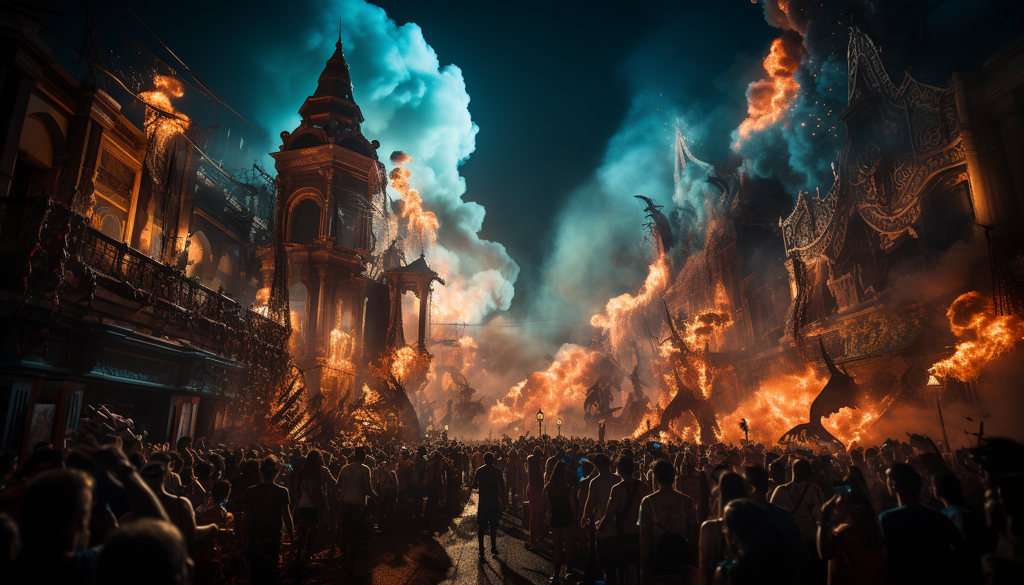 Vibrant carnival in Rio de Janeiro, with samba dancers, elaborate floats, and crowds of people celebrating under fireworks.