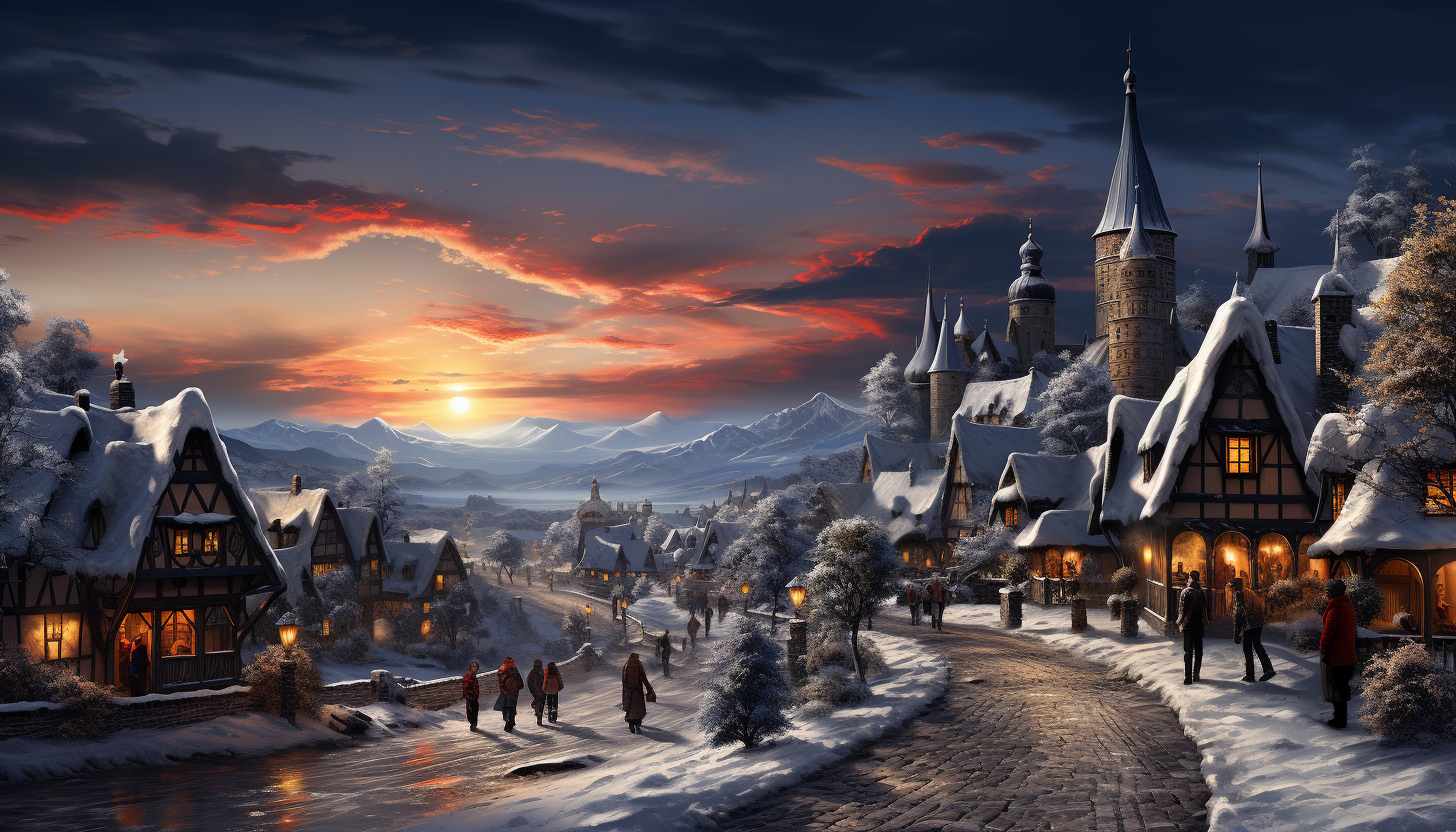 Magical winter village during Christmas time, with snow-covered cottages, a large Christmas tree, and villagers enjoying festivities.