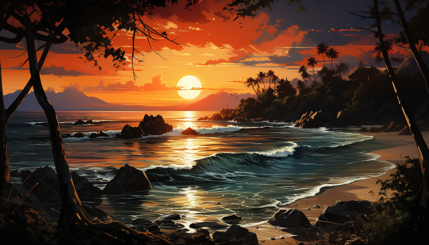 Lush tropical beach at sunset, with a hammock strung between palm trees, gentle waves, and a distant sailboat on the horizon.