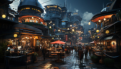 Futuristic cyberpunk alley, with neon signs in various languages, bustling street vendors, high-tech gadgets, and towering skyscrapers.